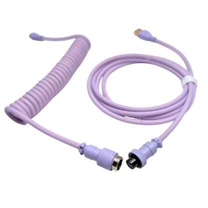 Handmade lilac purple mechanical keyboard cable featuring a matching powder-coated aviator connector and double-sleeved paracord.