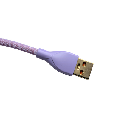 Rear view of the Lavender Dream aviator cable showing the USB-A host connection and durable metal powder-coated housing.
