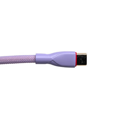 Close-up of the Lavender Dream coiled USB-C cable for custom keyboards showing the premium matte lilac metal hardware finish.