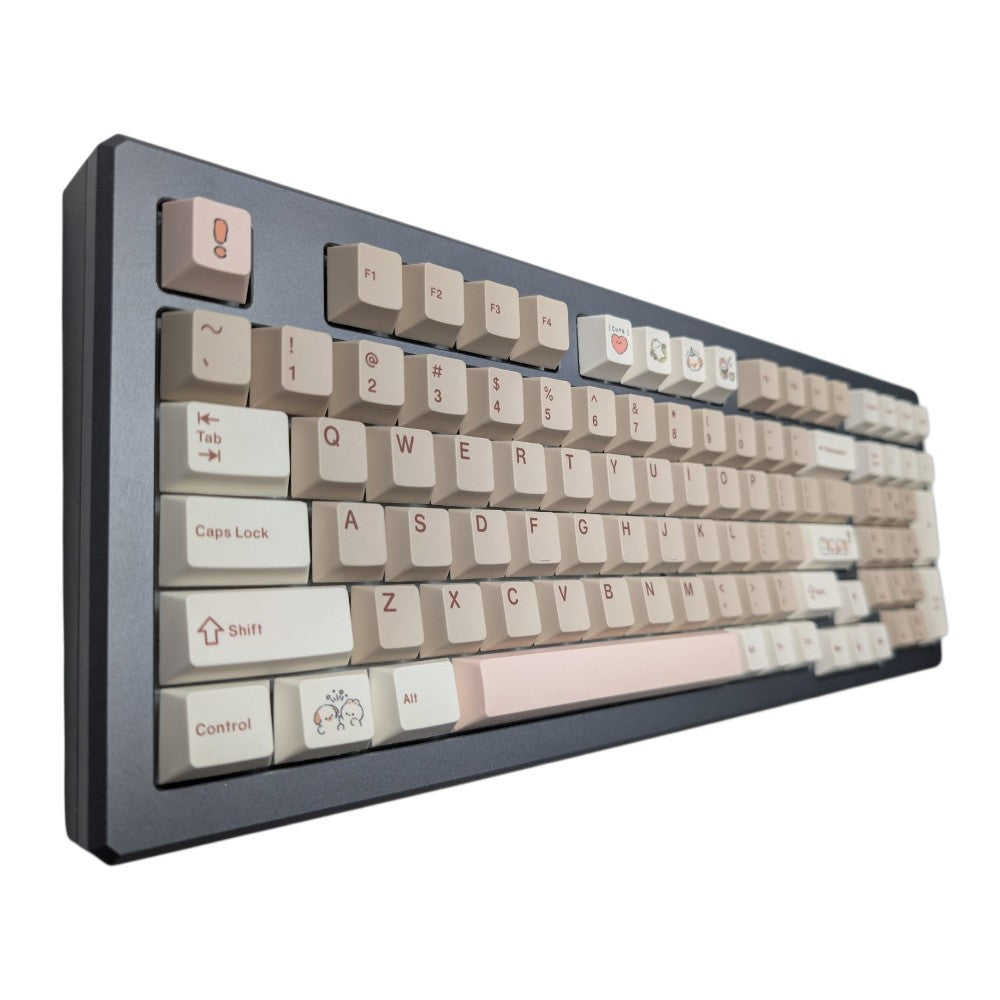 Thock King Cozy Critters PBT OEM keycaps with cute duck and animal novelties installed on mechanical keyboard angled view.