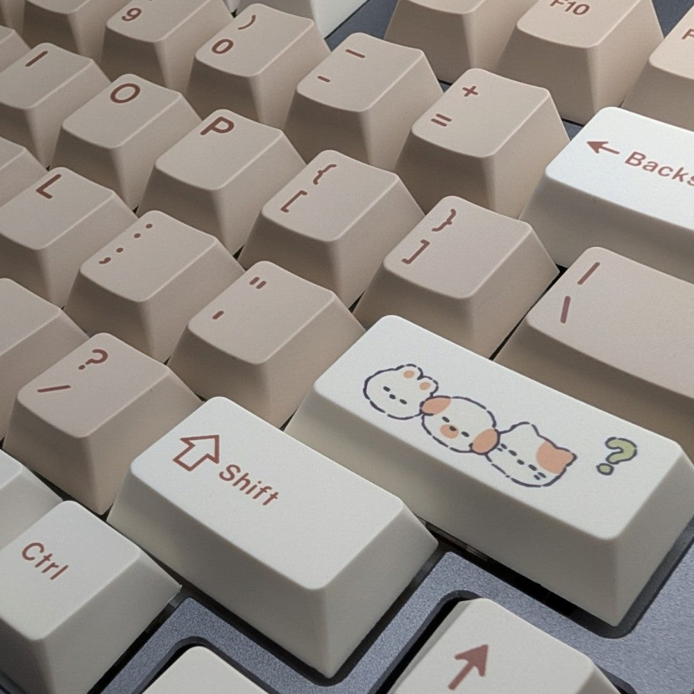 Close-up macro view of cute animal characters and exclamation point novelty keys on Thock King keycaps.
