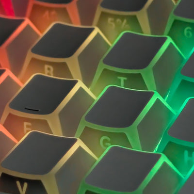 Macro close up shot showing double-shot translucent edge glow border detail on Thock King keycaps.