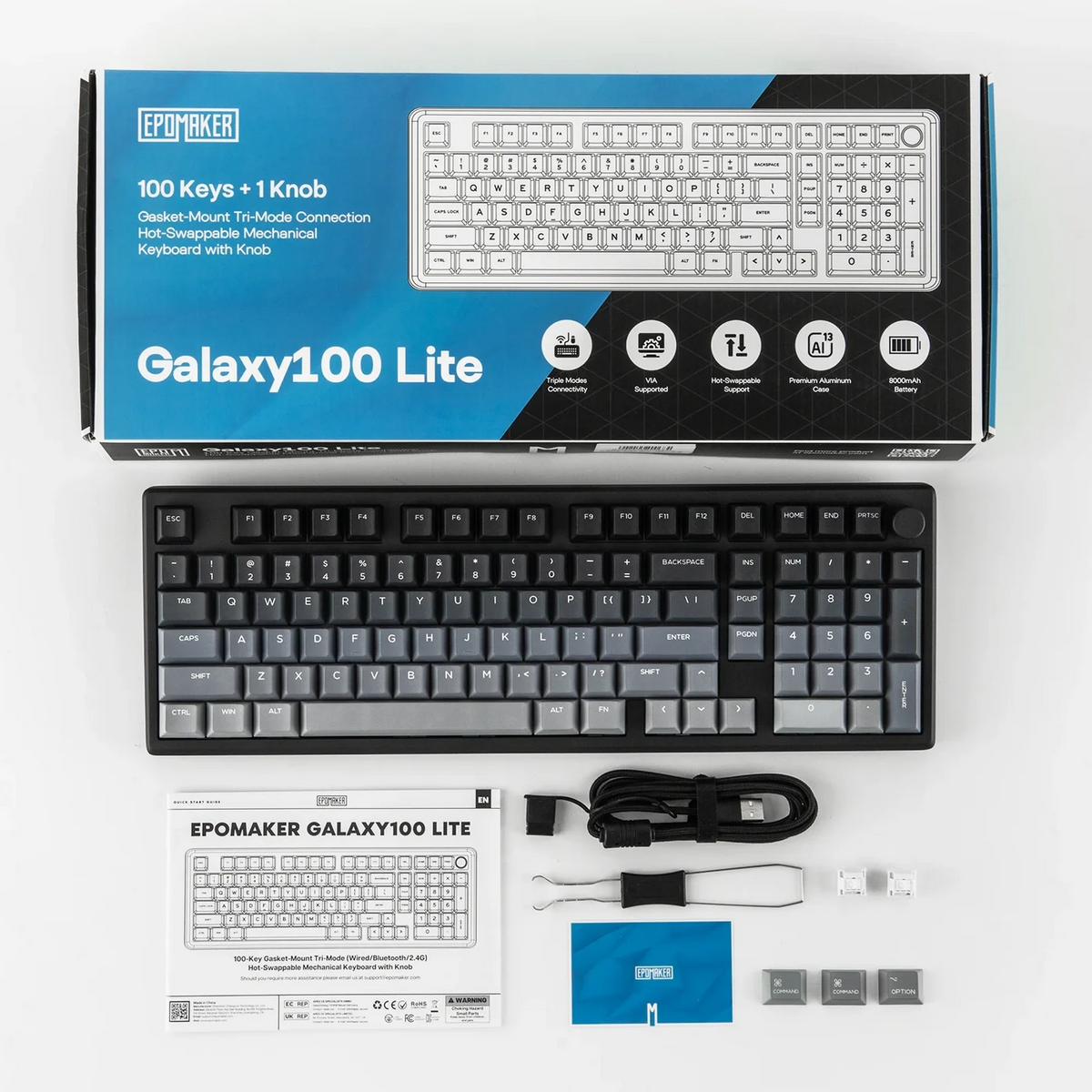 Epicmaker Galaxy100 Lite keyboard with packaging and accessories on a white background