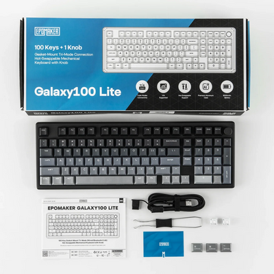 Epicmaker Galaxy100 Lite keyboard with packaging and accessories on a white background