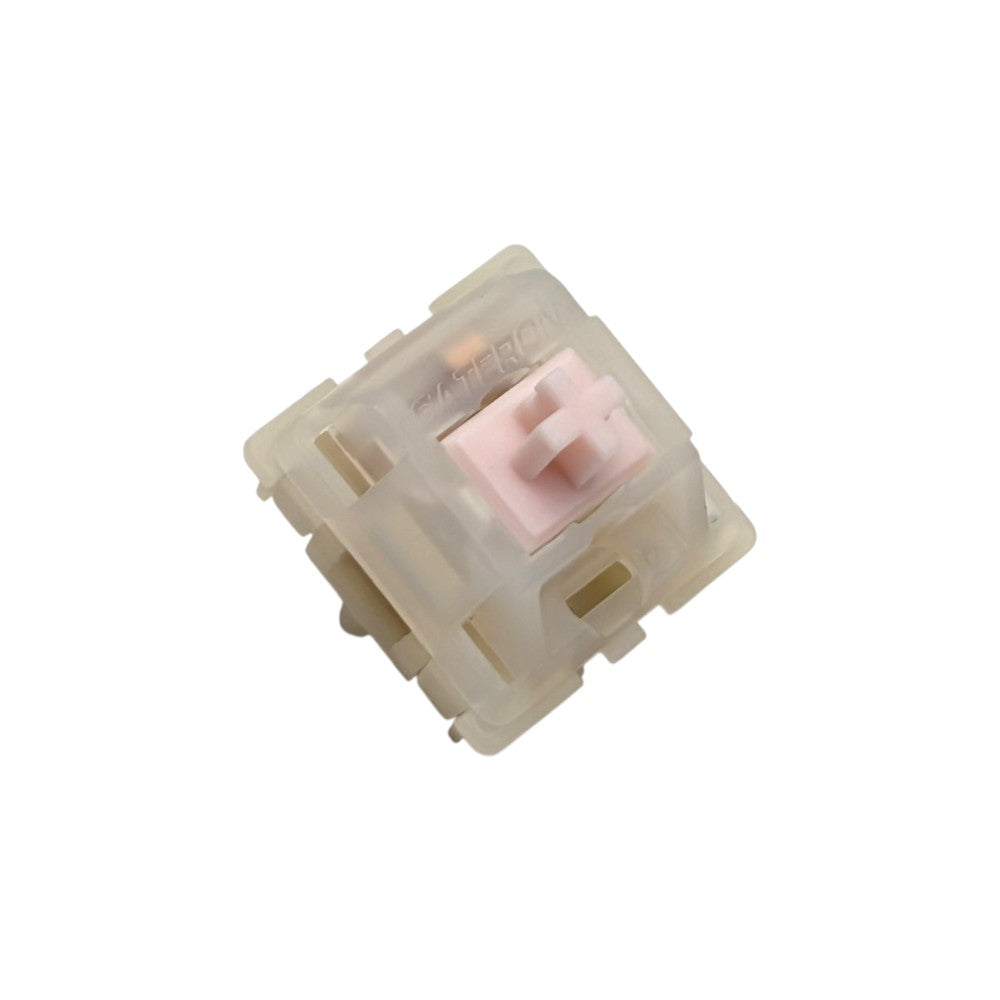 Side angle view of Gateron Milky Pink Pro linear switch highlighting milky housing latches and POM stem profile.