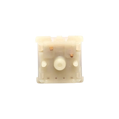 Overhead view of the 5-pin milky bottom housing and copper contact pins on Gateron Milky Purple Pro switch.