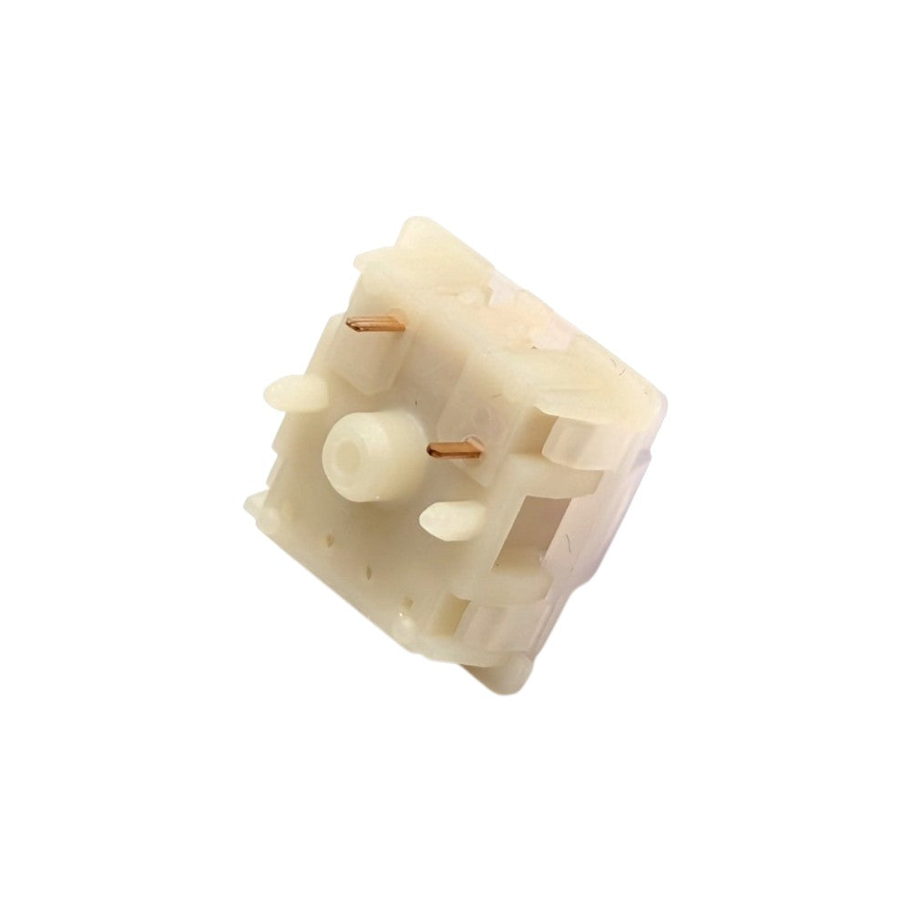 Bottom side profile view of the 5-pin milky housing and metal contact legs on Gateron Milky Purple Pro switch.