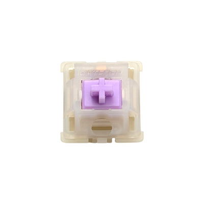 Top-down macro view of Gateron Milky Purple Pro silent tactile switch showing lavender POM stem and milky translucent housing.