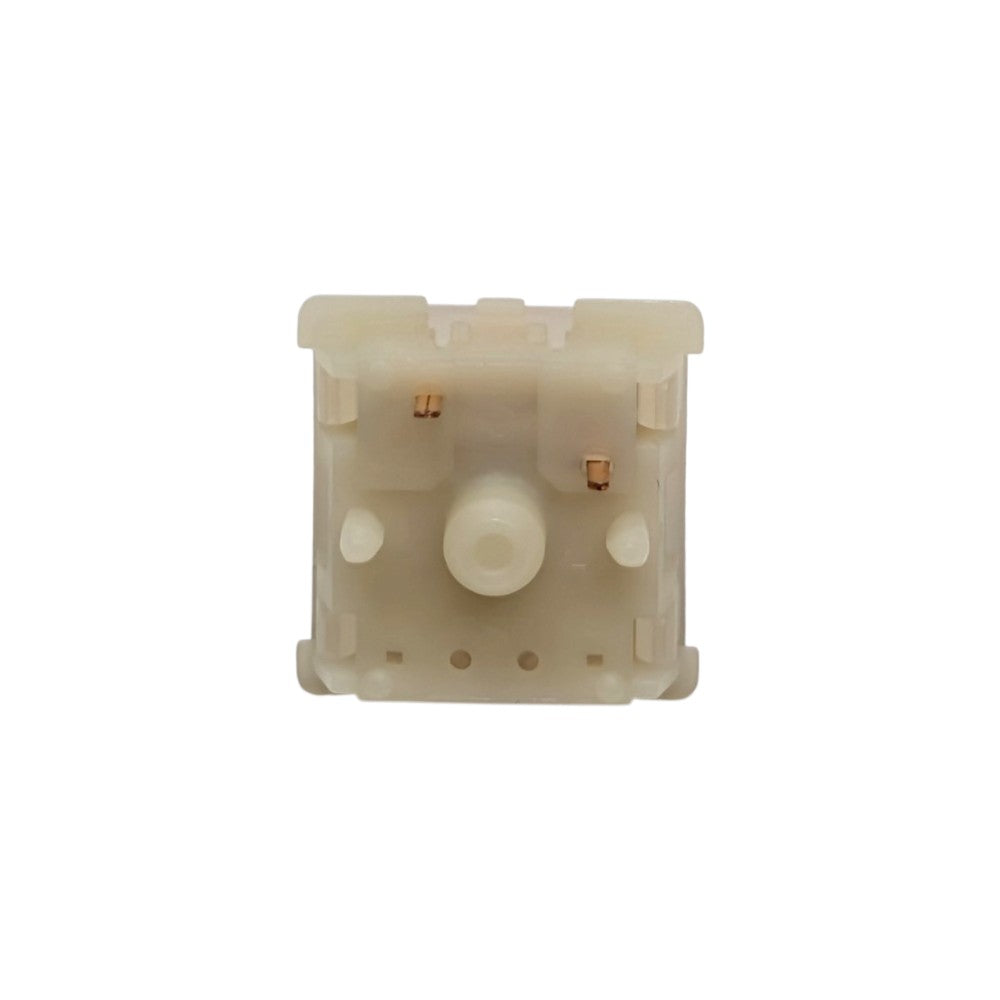Overhead view of 5-pin milky bottom housing and copper contact pins on Gateron Milky Yellow Pro switch.