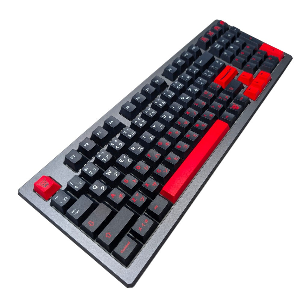 Side angle view showing Cherry profile height and sculpted rows on Thock King Ittodan keycaps.