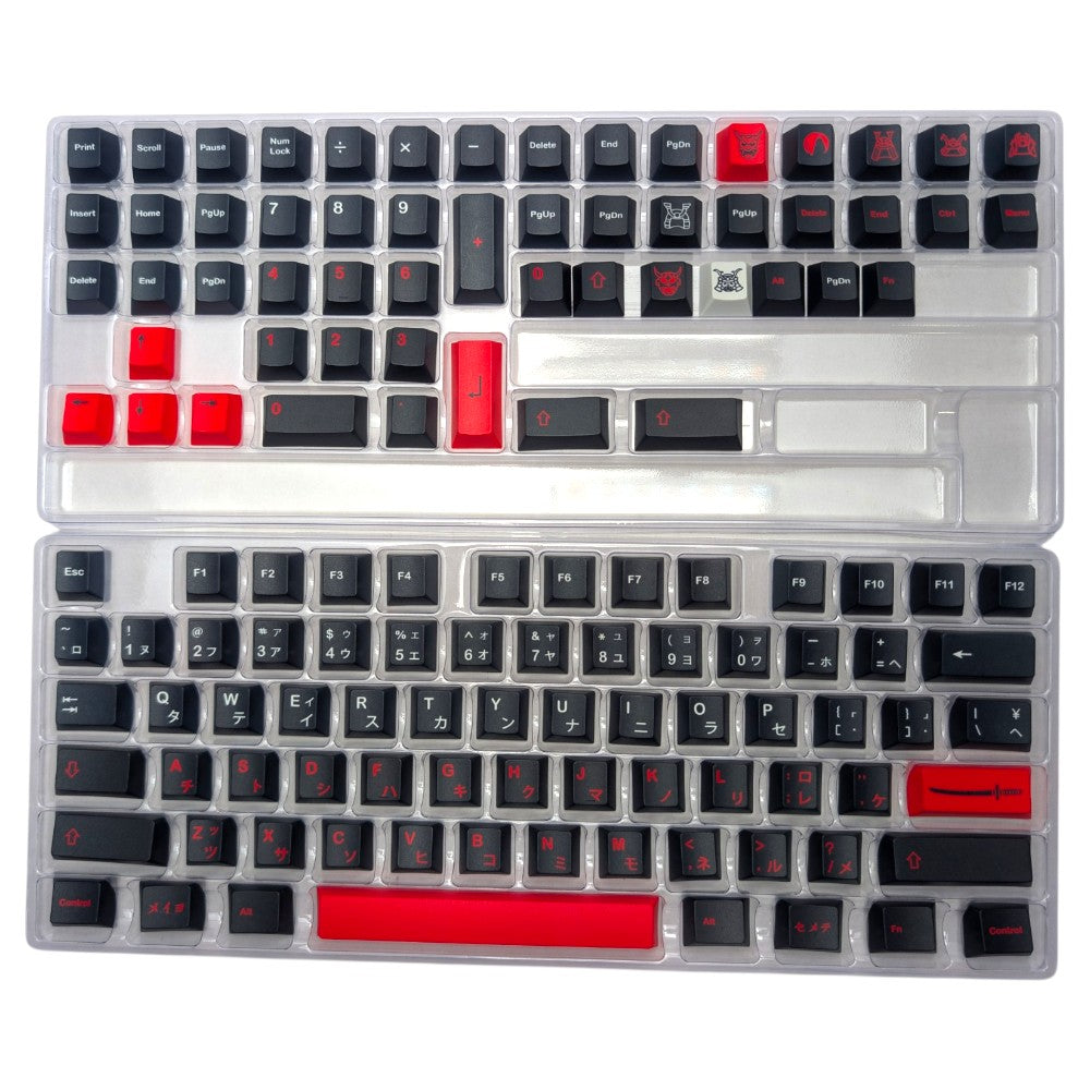 Full 127-piece set of Thock King Ittodan Bushido PBT keycaps organized in two storage trays.