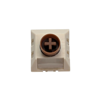 Directly overhead view of the 5-pin cream bottom housing and metal contact pins on Kailh Box Cream Pro switch.