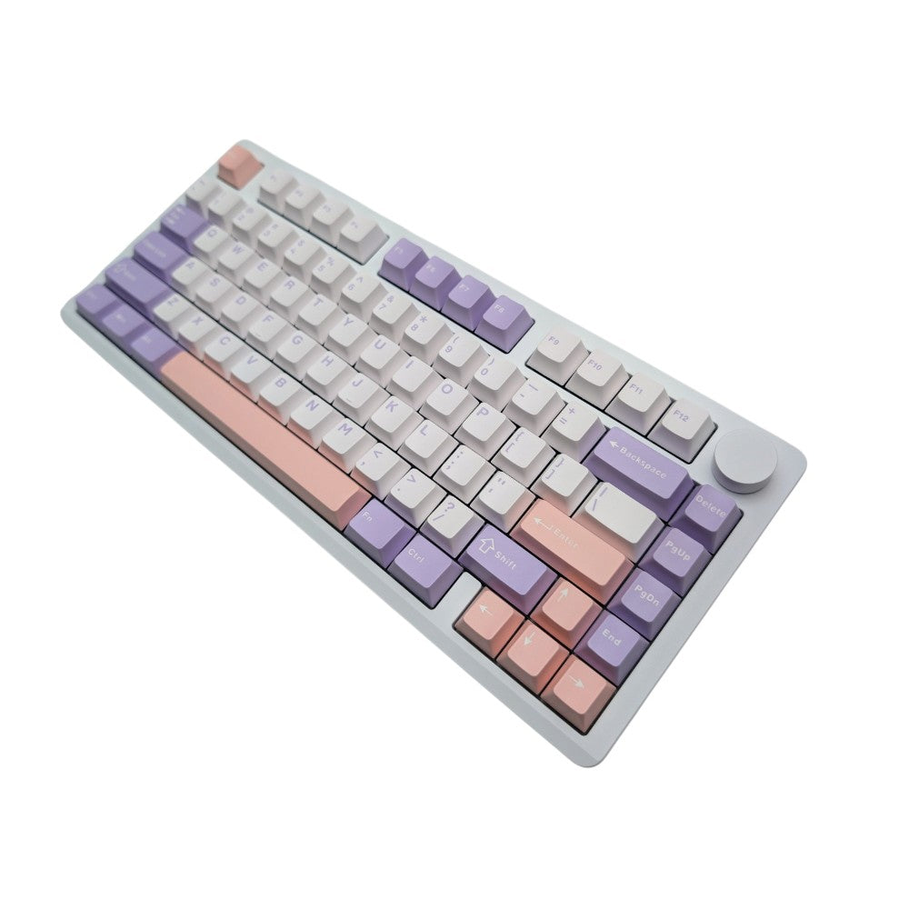 Angled side view showing white CNC aluminum case and rotary knob on Leobog Hi8 keyboard.