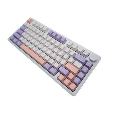 Angled side view showing white CNC aluminum case and rotary knob on Leobog Hi8 keyboard.