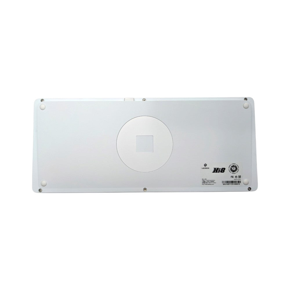 Bottom view of Leobog Hi8 showing aluminum weight accent, rubber feet, and serial plate.
