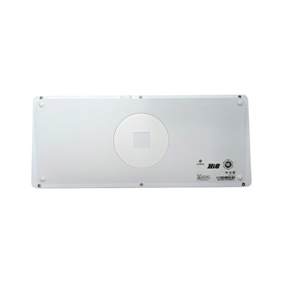 Bottom view of Leobog Hi8 showing aluminum weight accent, rubber feet, and serial plate.