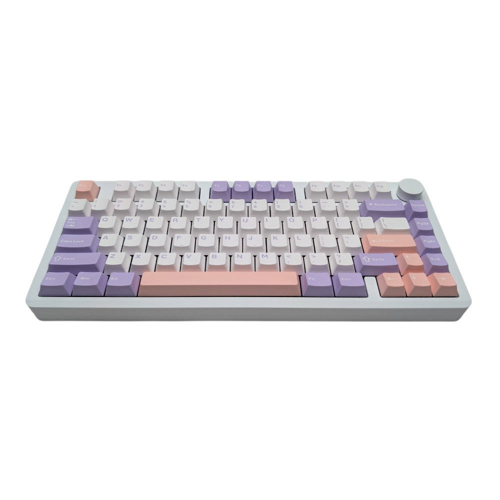 Low angle front view showing pastel keycap layout and gasket mounted profile of Leobog Hi8.