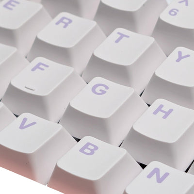 Macro detail shot of crisp purple dye-sublimated legends on white PBT keycaps of Leobog Hi8.