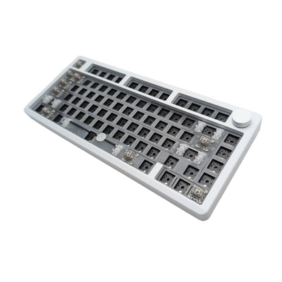 Angled side perspective view of white Leobog Hi8 SE barebones aluminum case and volume knob.
