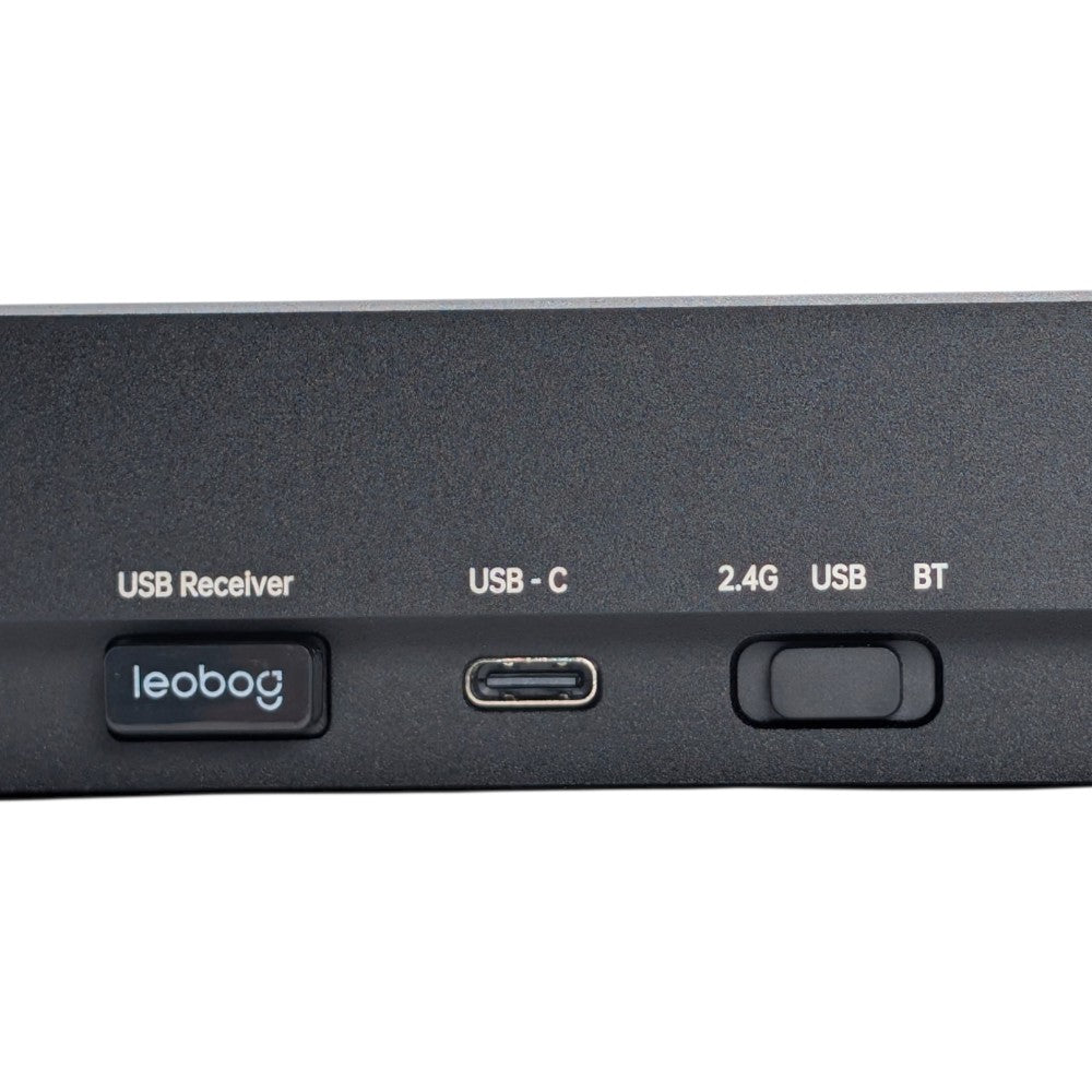 Rear port panel showing 2.4G USB receiver slot, USB-C port, and tri-mode connection toggle switch on Leobog Hi8 SE.