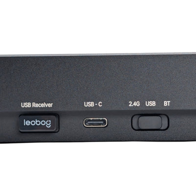 Rear port panel showing 2.4G USB receiver slot, USB-C port, and tri-mode connection toggle switch on Leobog Hi8 SE.