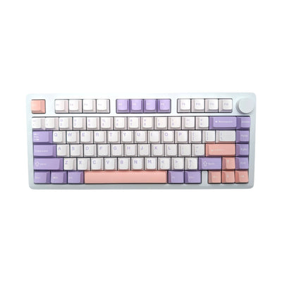 Top-down view of Leobog Hi8 75 percent wireless mechanical keyboard with lavender and pink keycaps.