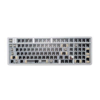 Top-down overhead view of Leobog Hi98C Pro 98 in white percent barebones mechanical keyboard kit showing hot-swap sockets and flex-cut plate.