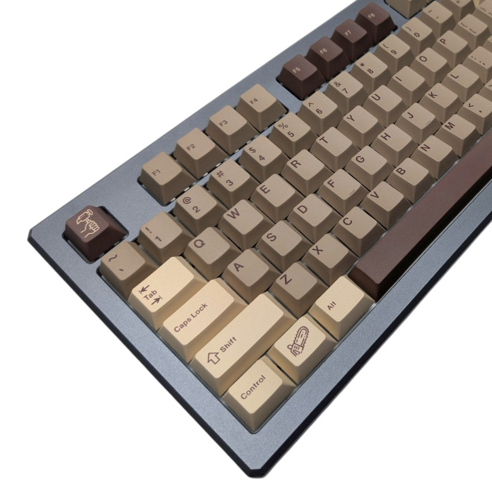 Close-up of chainsaw and power tool novelty keycaps on Thock King Lumberjack Chop Thock set.