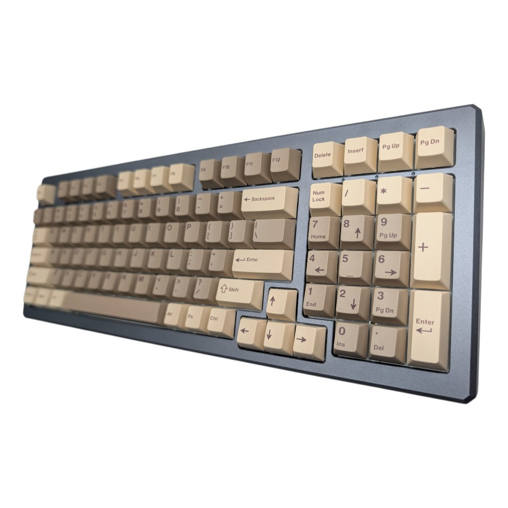 Close-up detail view of tan and cream alpha keys on Thock King Lumberjack Chop Thock PBT set.