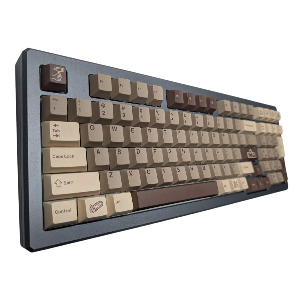 Thock King Lumberjack Chop Thock PBT keycaps with brown timber tones installed on mechanical keyboard angled view.