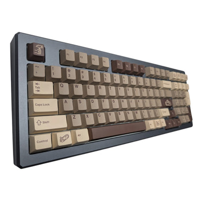 Thock King Lumberjack Chop Thock PBT keycaps with brown timber tones installed on mechanical keyboard angled view.