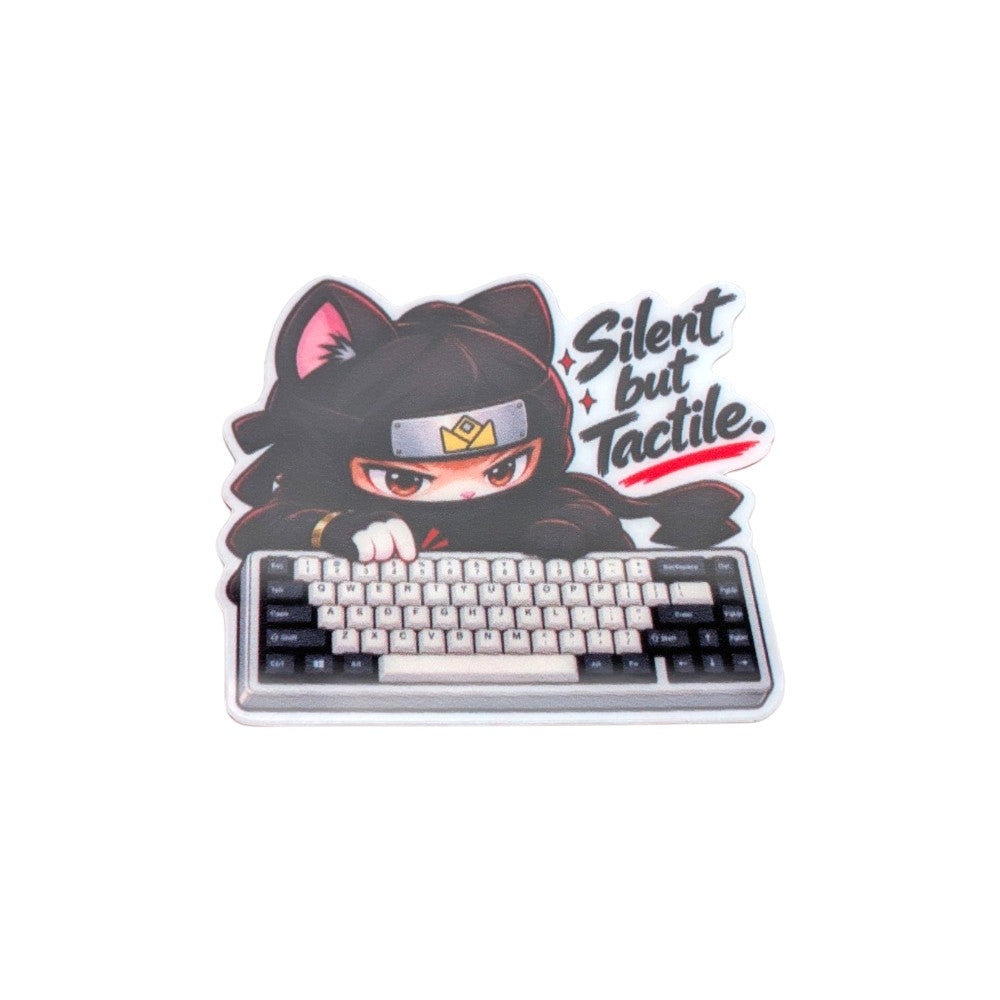 Ninja cat sticker typing on a mechanical keyboard, with the words Silent but Tactile.