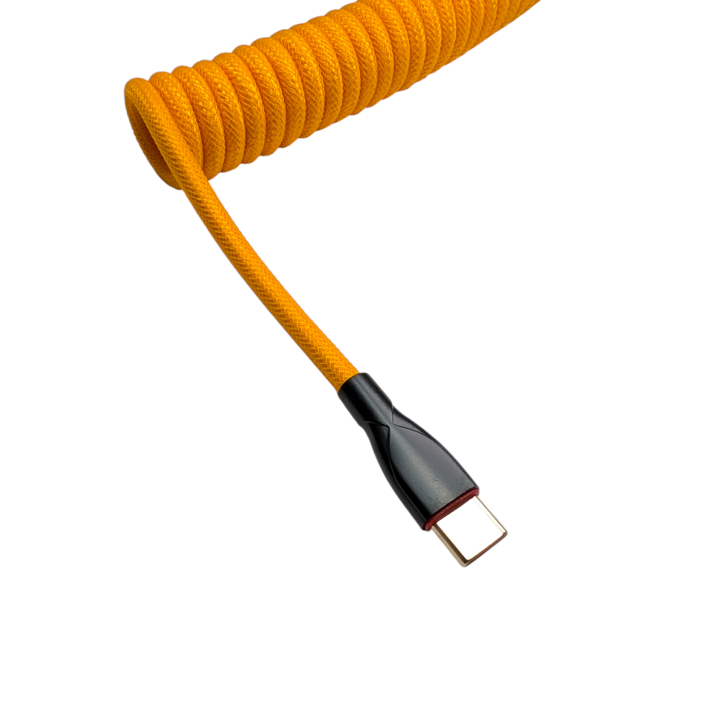 Onyx Orange custom mechanical keyboard cable with USB-C device end and USB-A host end, featuring premium all-metal powder-coated connectors.