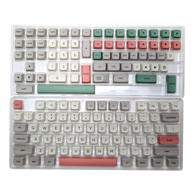 Full 141 piece set of Thock King Retro 9009 PBT XDA keycaps arranged in storage packaging trays.