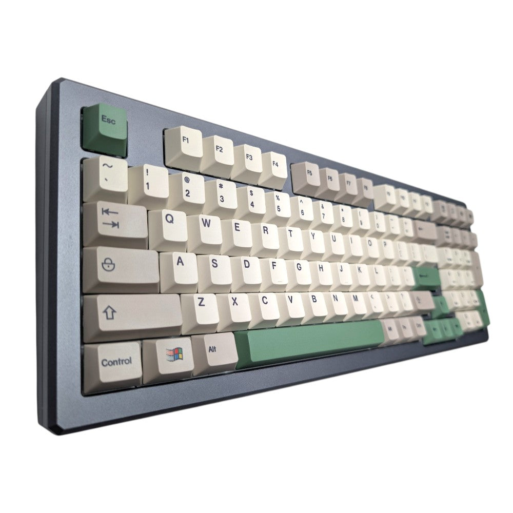 op down view of Retro Windows 95 PBT keycap set with green accent keys on mechanical keyboard by Thock King.