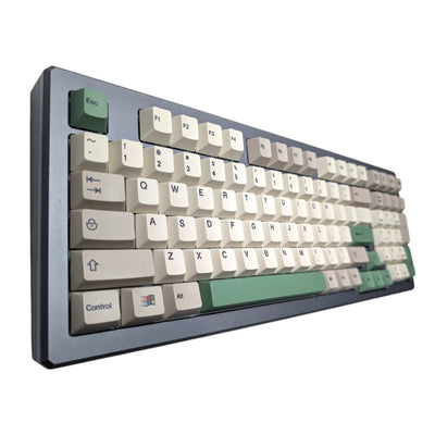 op down view of Retro Windows 95 PBT keycap set with green accent keys on mechanical keyboard by Thock King.