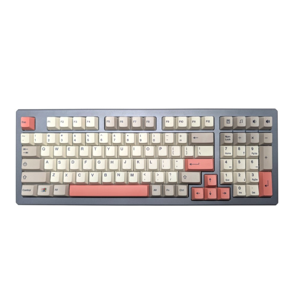 Top down view of Retro Windows 95 PBT keycap set with red accent keys and red spacebar by Thock King.