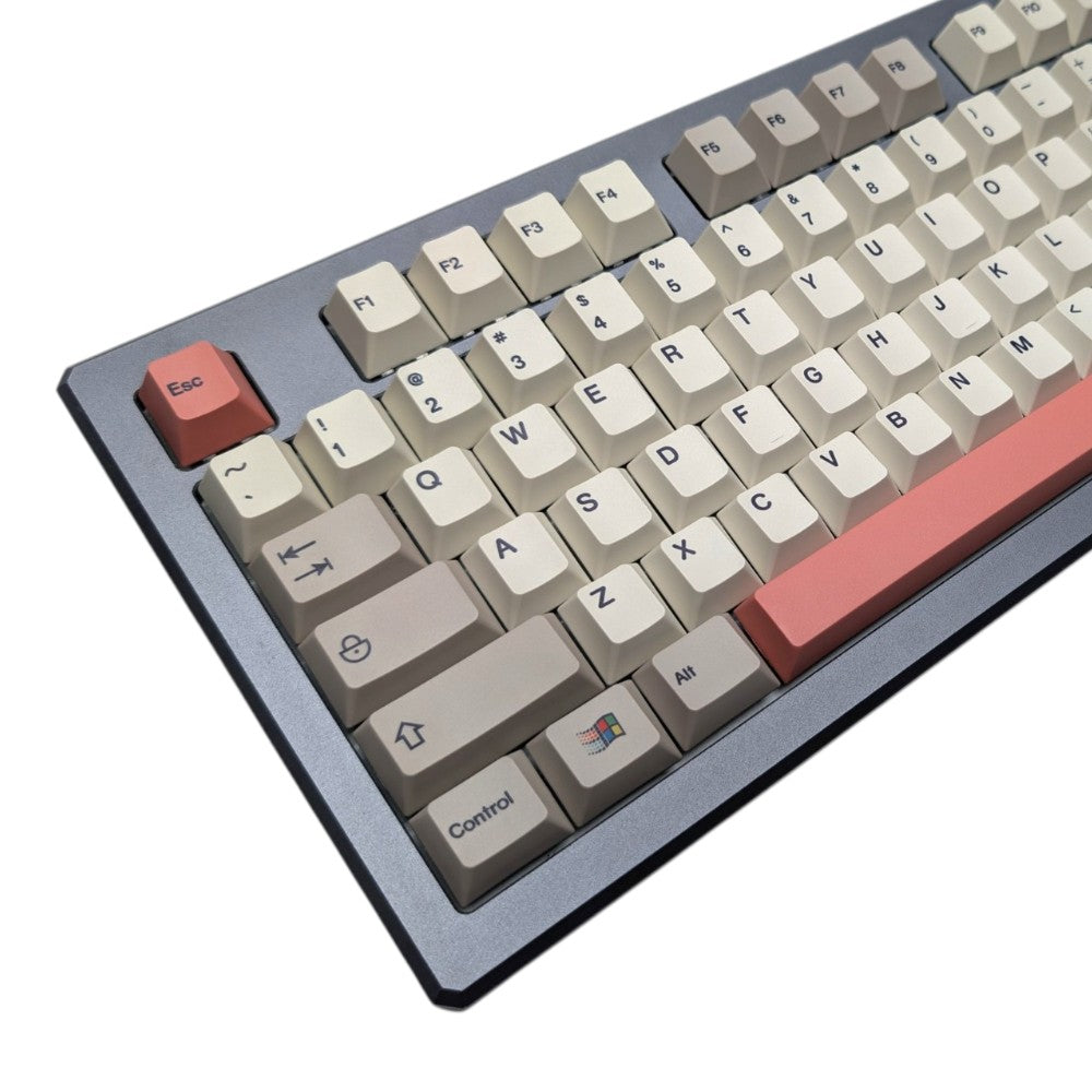 Top down view of Retro Windows 95 PBT keycap set with red accent keys and red spacebar by Thock King.