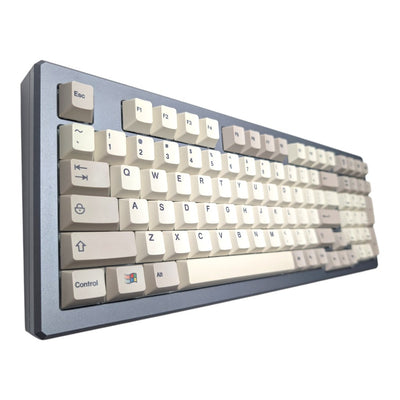 Thock King Retro Windows 95 PBT Cherry MX keycaps installed on custom mechanical keyboard angled studio view