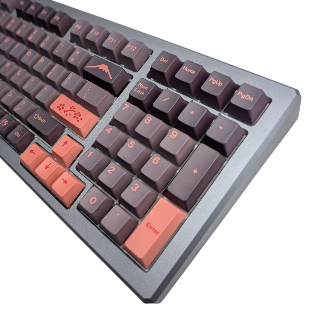 Macro view of clean dye-sublimated alpha legends on dark purple PBT keycaps from Thock King.