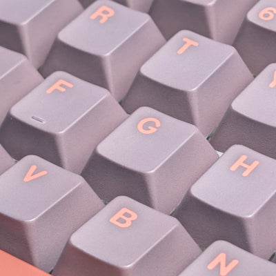 Macro view of clean dye-sublimated alpha legends on dark purple PBT keycaps from Thock King.