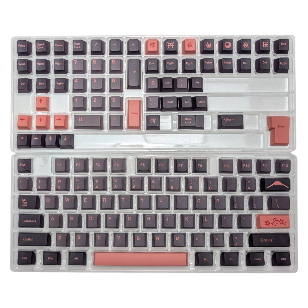 Perspective tray shot displaying extra modifiers and kanji novelty keycaps in Thock King Yoru Sakura set.