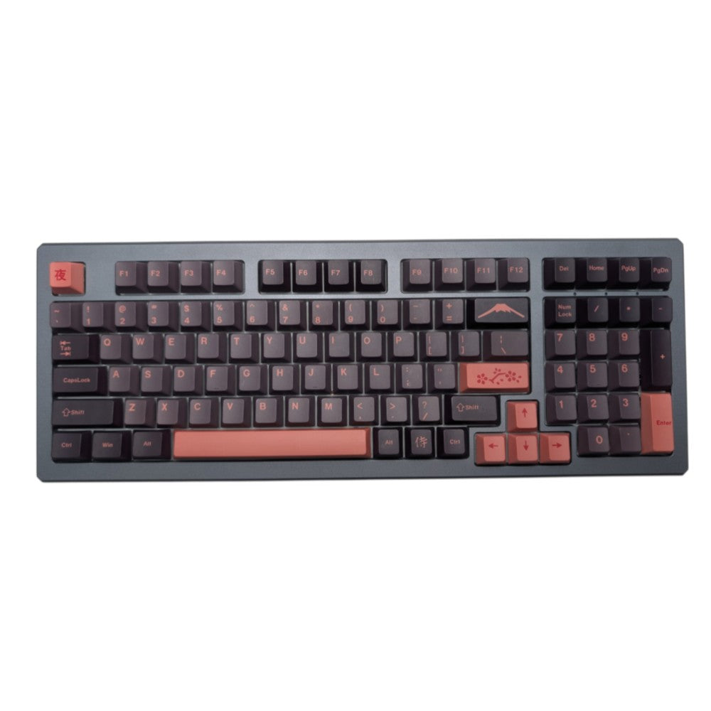 Top down overhead view of complete Yoru Sakura PBT keycap layout on dark grey keyboard case.